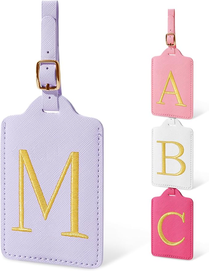 Personalized Initial Luggage Tags for Suitcases, Cute PU Leather Embroidered Letter Travel Luggage Tags, Suitcase Identifier Name Baggage Tag, Bag Tags for Men Women Kids Luggage Handbags(Purple M)