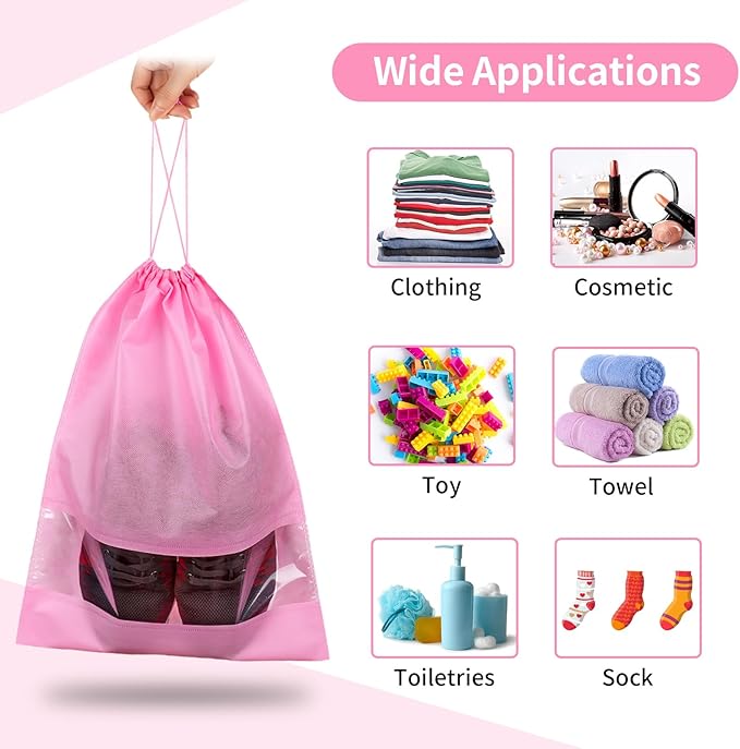 12 Pack Shoe Bags for Travel, Large Travel Shoe Bags for Packing with Clear Window, Dustproof Drawstring Travel Shoe Storage Bags Travel Essentials for Men & Women, Pink