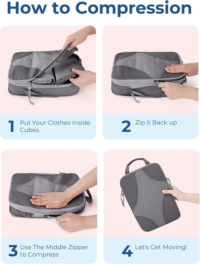 BAGSMART Compression Packing Cubes for Travel, Compressible Luggage Organizer for Cruise Ship, Lightweight Travel Essentials 6-Pack 1L+2M+2S+1Shoe Bag