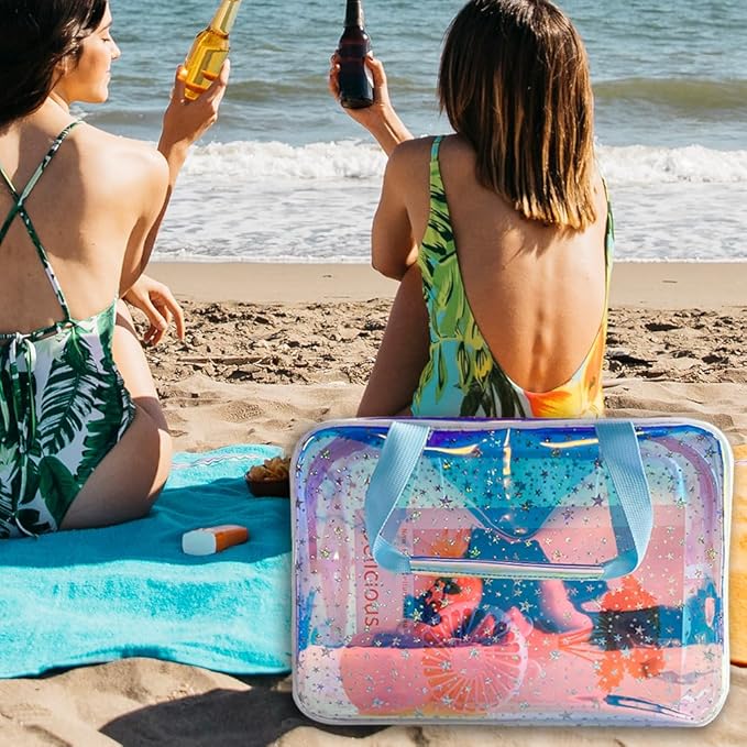 TPU Holographic Blue Clear Star Large Cosmetic Bag and Travel Pouch with Handle,Durable TPU Material,Zipper Design-Ideal for Makeup,Travel Essentials (Holographic Blue)