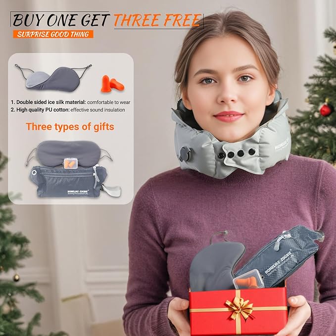 Inflatable Travel Pillow for Airplane, Inflatable Neck Pillow Airplane for Travel Office Nap Neck Support, Buy 1 Get 3 Professional Grey Sleeping Eye Mask and Highly Silent