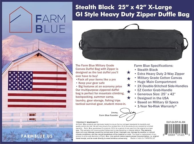 Farm Blue GI Style Zipper Duffel Bag - Large Heavy Duty Army Duffle Bag - Military Grade Cotton Canvas Duffel Bag - Reinforced Camping Bag - Strong Zipper, Center Grab Handle –21” x 36” - Black