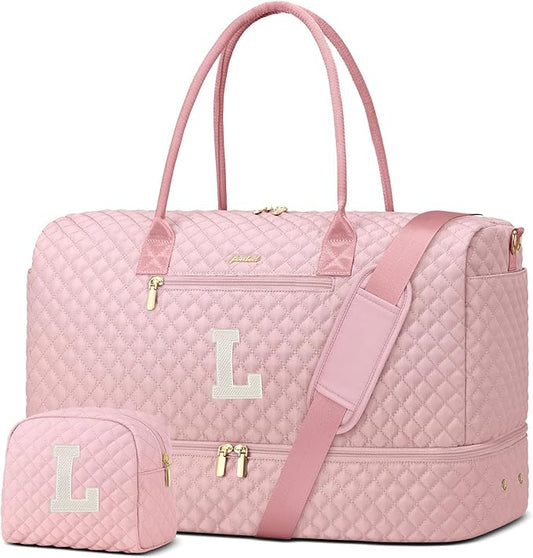 Letter Weekender Bags for Womens - Duffle Bag with Shoe Compartment Personalized Overnight Bag with Toiletry Bag Duffel Bags for Gym Hospital Bags Gift for Women Pink (Letter L)