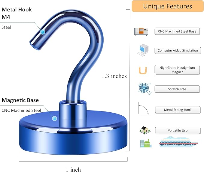 Neosmuk Magnetic Hooks,Heavy Duty Earth Magnets with Hook for Refrigerator, Extra Strong Cruise Hook for Hanging, Magnetic Hanger for Curtain, Grill(Navyblue, 6 Pack)
