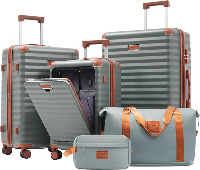 Merax Luggage Sets 5 Piece,Front Open Hardshell Expandable Suitcase with Spinner Wheels and Duffel Bags,Lightweight Carry on Luggage with USB Port and Cup Holder,20/24/28IN,Grey Green