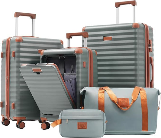 Merax Luggage Sets 5 Piece,Front Open Hardshell Expandable Suitcase with Spinner Wheels and Duffel Bags,Lightweight Carry on Luggage with USB Port and Cup Holder,20/24/28IN,Grey Green