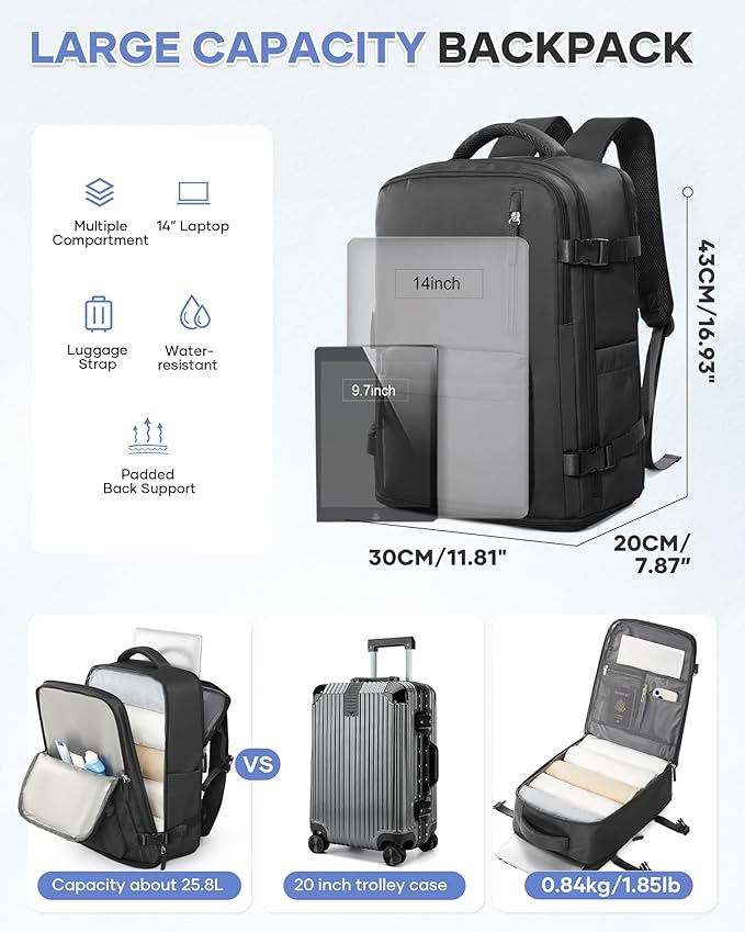 WONHOX Large Travel Backpack Carry on Flight Approved Laptop Work Business Backpack for Women Men Mochila de Viaje