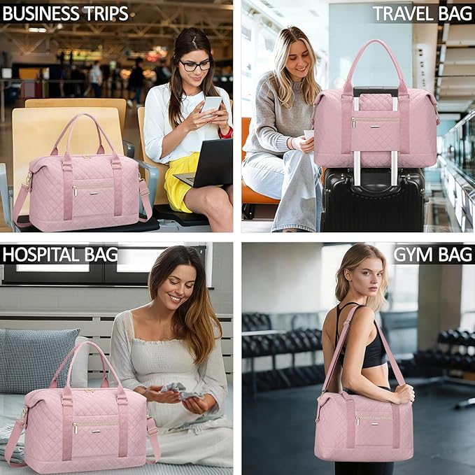 Quilted Travel Duffle Bag for Travel Women with Toiletry Bag, Large Weekender Bags for Women Carry on Duffel Overnight Bag, Waterproof Travel Tote Bags for Sports, Weekender, Business, Pink