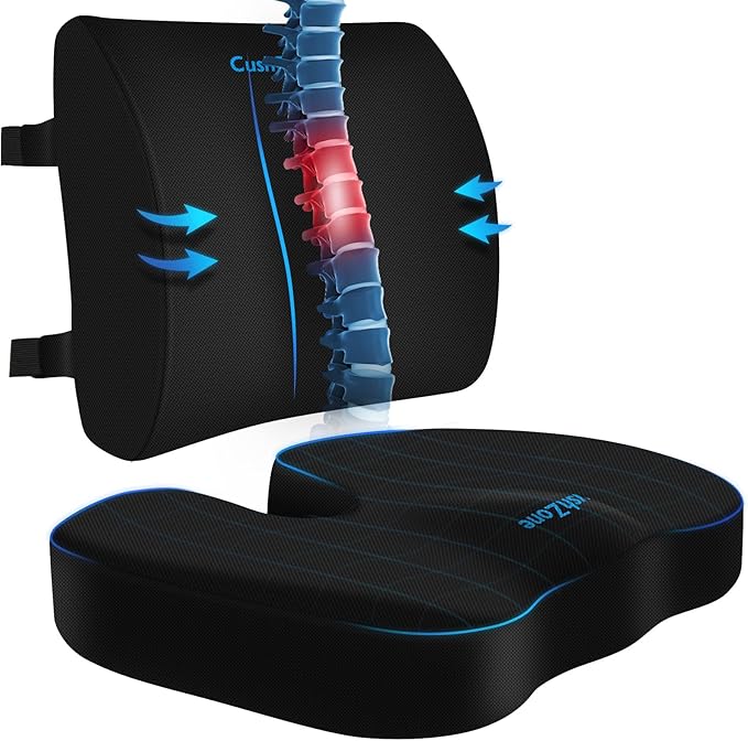 Ergonomic Seat Cushion & Lumbar Support Pillow - Memory Foam for Sciatica Pain Relief & Posture Correction, Non-Slip Chair Cushions for Office Chair/Car/Wheelchair/Travel (Black)