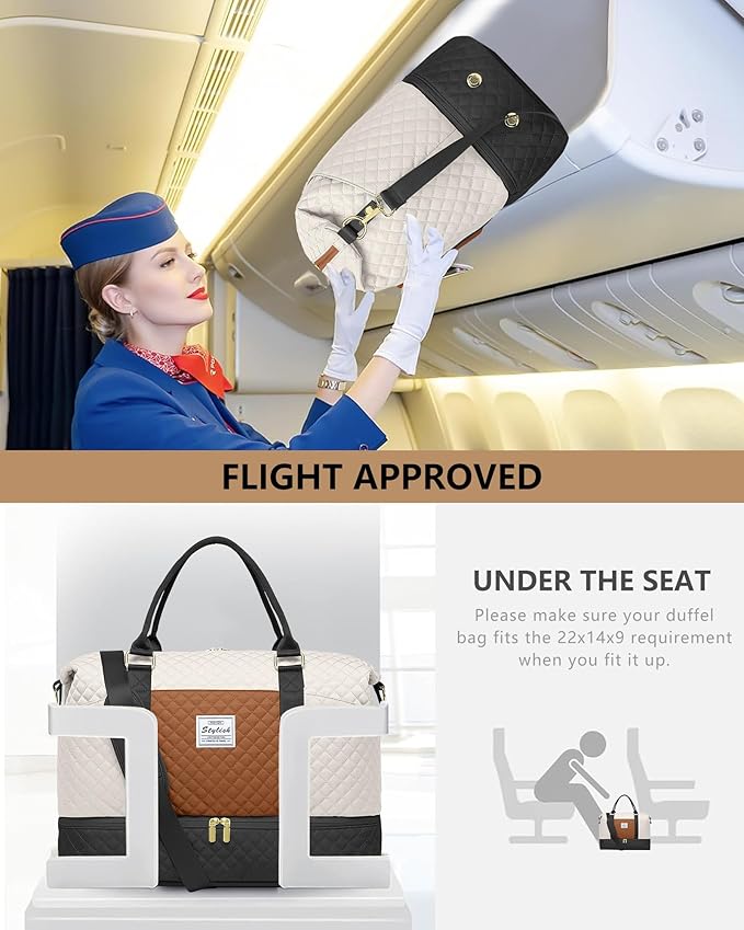 Travel Overnight Bag Weekender Bags - Duffle Bag Women with Shoe Compartment Carry on Tote Bag with Toiletry Bag Gym Duffel Bag with Wet Pocket Hospital Bags for Labor and Delivery Black White Brown