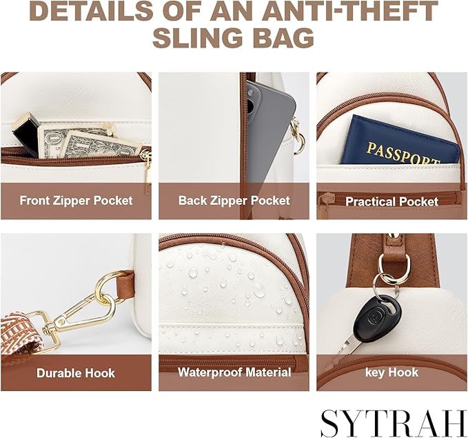SYTRAH Anti Theft Crossbody Bags for Women, RFID Sling Bag Travel Purse, RFID Cross Body Purses Chest Bag for Travel Beige Brown