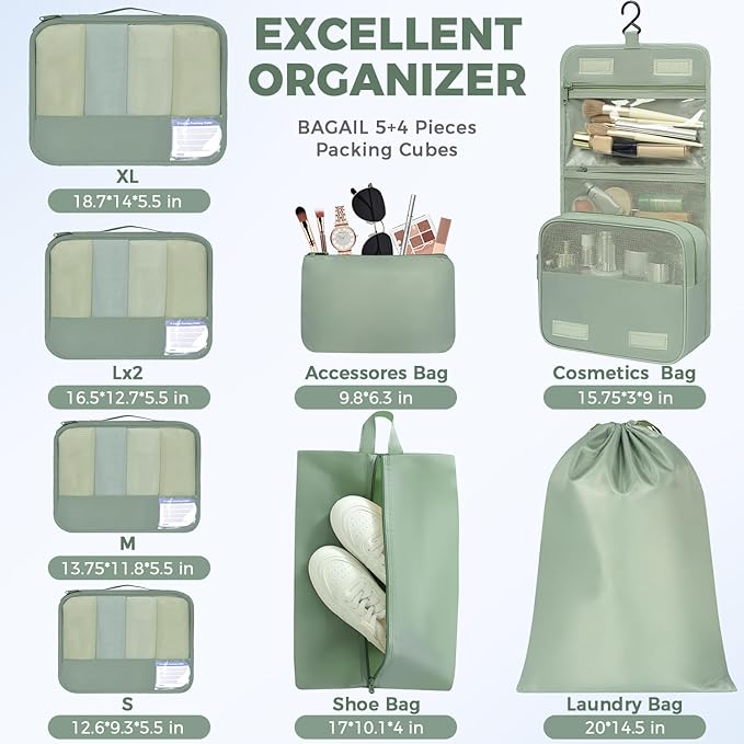 BAGAIL 9 Set Packing Cubes with Packing List Luggage Packing Organizers for Travel Accessories