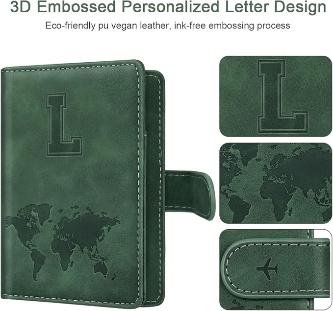 Personalized L Passport Holder Cover Initial Letter Travel Wallet RFID Blocking Passport Cover Credit Card Holder Case Passport Book Holders for Women and Men, Pine Green-L
