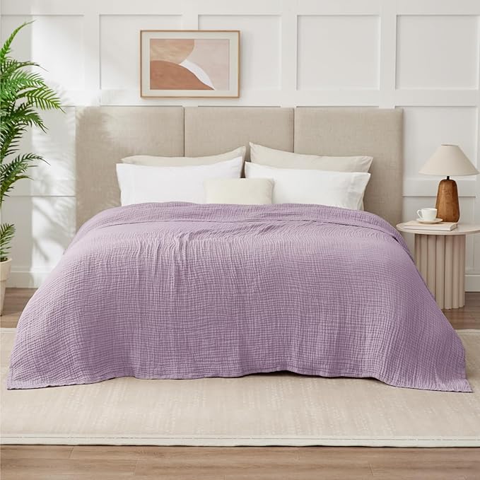 100% Cotton Muslin Blanket Queen 90" x 90", 6 Layers Breathable and Lightweight Cotton Throw Blanket for Bed, Soft Quilt Bedspread Coverlet, Gauze Blanket for Adults All Season, Lavender
