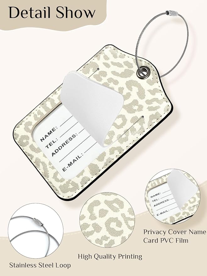 Seorsok 2 PCS Luggage Travel Tags for Suitcases,Cute Grey Leopard PU Leather Name Tag with Privacy Cover&ID Label Address Card and Durable Metal Ring Suitable for Men Women Handbags Backpack,Grey