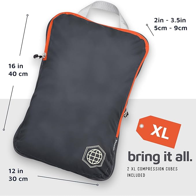 Large Compression Packing Cubes for Travel-Packing Cube Luggage Organizers 7 Piece Set for Checked Luggage-Ultralight, Expandable/Compression Bags by TRIPPED Travel Gear (Grey/Orange)