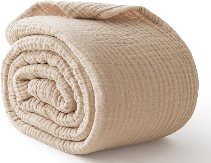 100% Cotton King Size Blankets for Bed 108" x 90", 6 Layers Cooling and Soft Muslin Throw Blanket, Lightweight Quilt Bedspread Coverlet, Gauze Blanket for Adults All Season, Linen Beige