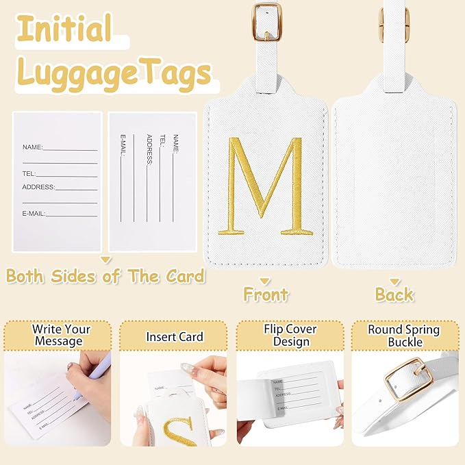 Personalized Initial Luggage Tags for Suitcases, Cute PU Leather Embroidered Letter Travel Luggage Tags, Suitcase Identifier Name Baggage Tag, Bag Tags for Men Women Kids Luggage Handbags(White M)