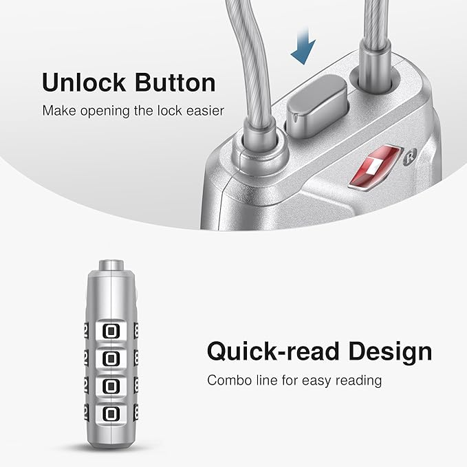 Puroma 2 Pack TSA Approved Luggage Lock, 4 Digit Combination Travel Cable Locks Resettable Code Lock with Zinc Alloy Body for Suitcase, Toolbox, Backpack, Bag, Gym Locker (Silver)