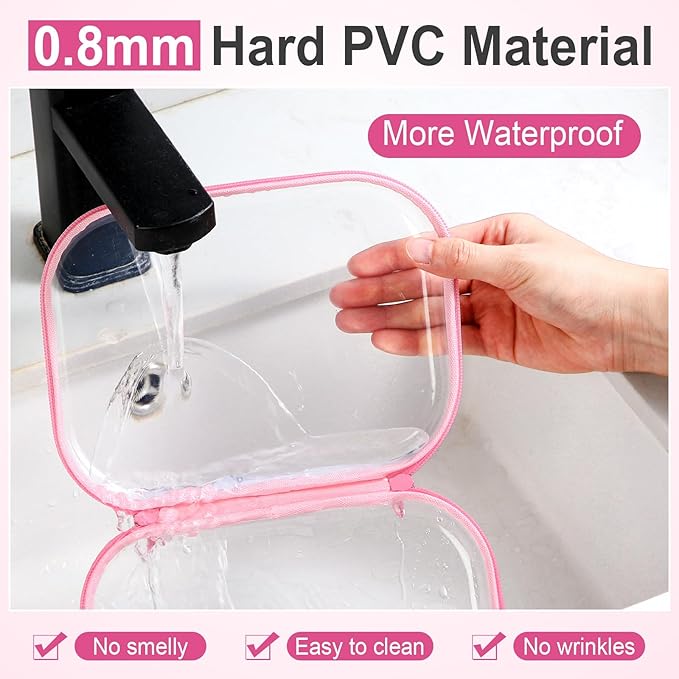 Sanwuta 6 Pcs Clear Hard Zipper Case Plastic Zipper Pouches Transparent Makeup Bag Pencil Case Pouches Toiletry Diaper Bag for Travel Toy Storage Organizer Bins(Pink,7.87 x 5.9 x 2 Inch)