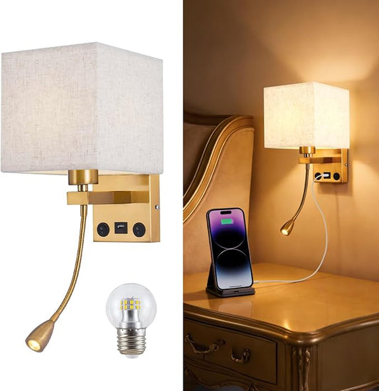 Wall Sconces, Hardwired Wall Lamp with USB Port White Fabric Shade Bedside Wall Lights with Reading Lamp for Bedroom Living Room Hotels and Office (Gold)