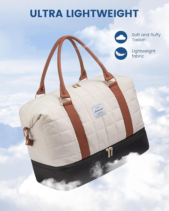 LOVEVOOK Large Duffle Bag for Travel, Puffer Weekend Bags for Women Travel Tote, Carry on Duffel Bag for Airplanes, 18 Inch Personal Item Bag Gym Bag Women, Black-White-Brown