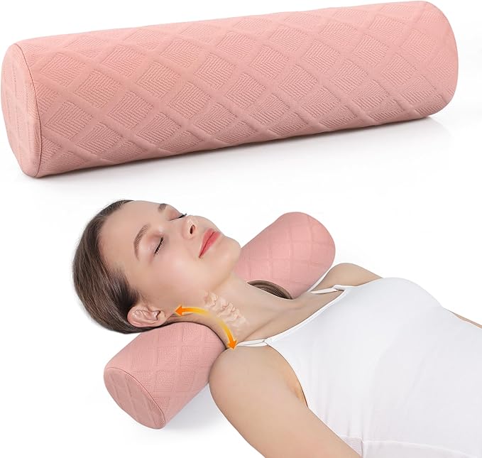 Cozyhealth Cervical Roll Pillow, Medium Soft Memory Foam Neck Round Pillow Cylinder Bolster Pillow for Sleeping, Round Neck Support for Bed, Legs, Back and Yoga (Pink, Large - 4.7" H)