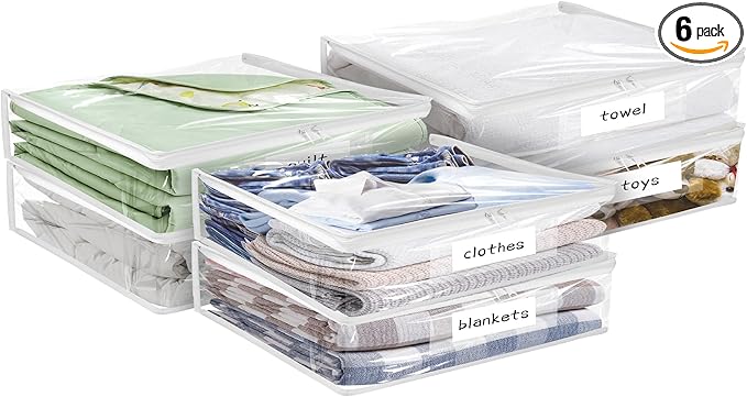 Kikerike Plastic Storage Bags with Easy-Glide Zipper, Pack of 6, Durable Clear Vinyl Zippered Storage Bags for Clothes Sweaters Comforters Blankets Sheets Bedding (10.5 x 10.5 x 2.5 Inch)