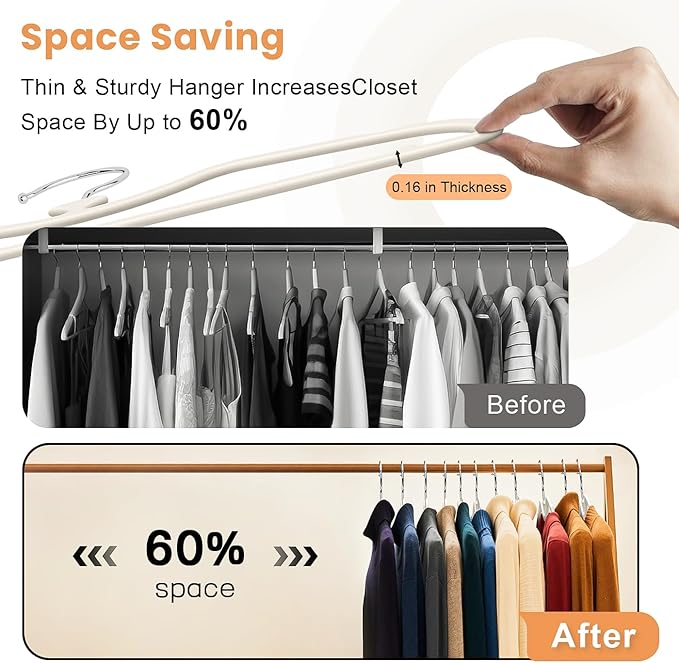20 Pack Upgraded Short Neck Vertical Space Saver Hangers, 360 Degree Swivel Hooks, Non-Slip Hangers, Liquid Silicone, Smooth as Skin (Not Velvet) - Cream