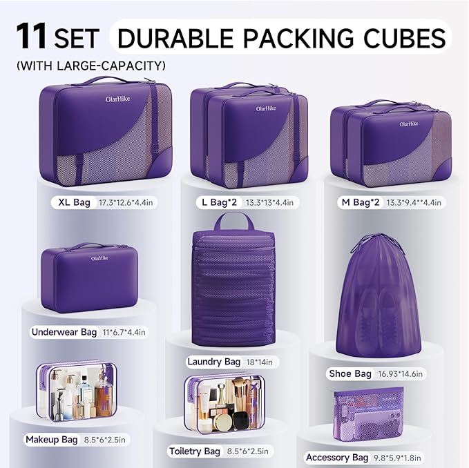 11 Set Packing Cubes for Travel, Gifts for Women Mom Kids, TSA Approved Bags for Makeup, Cosmetic, Toiletry, Suitcase Organizers for Checked Luggage, Cruise Essentials, Airplane Accessories, Purple