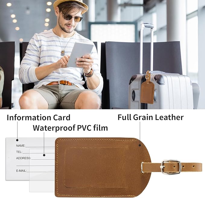 Ringsun Genuine Leather Luggage Tag for Suitcases ID Tags Bag Tags for Luggage (2 Pack)