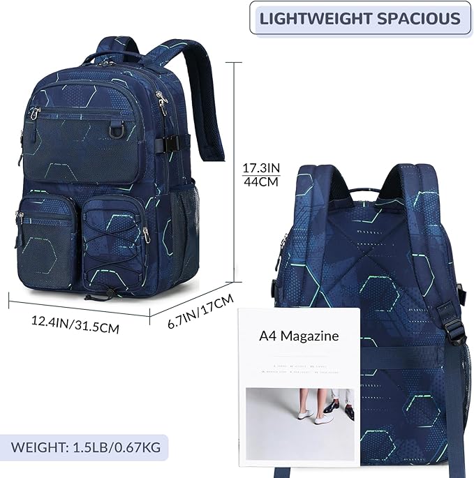 Lohol Multi-Pocket Backpack for Travel College, Heavy Duty Big Bookbag with 15.6 inch Laptop Compartment (Navy Geometry