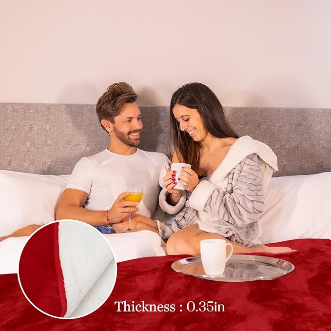Waterproof Blanket and Stain Proof, Queen Size 80'' x 60'' Double Side Leakproof Reversible Sherpa Flannel Fleece 3 Layer Lightweight Red Blanket, Absorbs 50oz