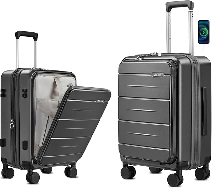Carry On Luggage with Top Opening, Expandable with Front Pocket and USB Charging Port, Lightweight with Front Compartment Rolling Suitcases with Spinner Wheels (Grey, 20 Inch)