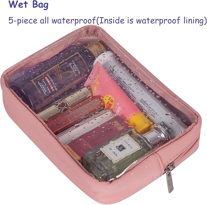 TSA Approved 5-Piece Diaper Bag Organizer Pouch Set Clear Waterproof TPU Kids Toiletry Storage Set Travel Packing Clutch Cube Bags for Baby Nursing (Pink Leather)