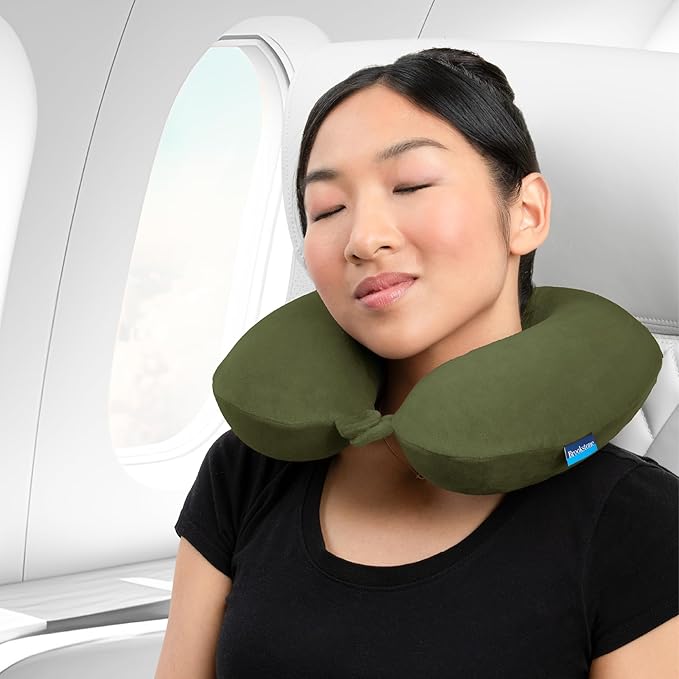 Brookstone Travel Neck Pillow - Lightweight Fleece Casing U-Shaped Stuffable Memory Foam Travel Pillow for Sleeping and Neck Support, Olive