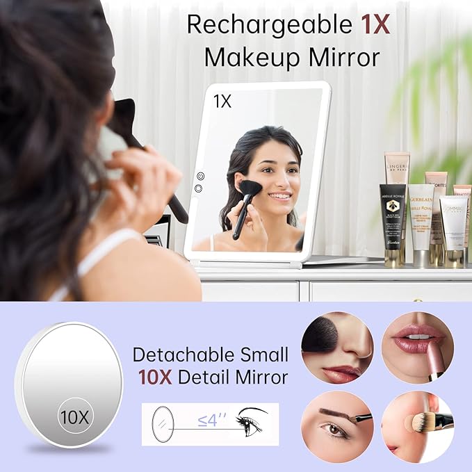 FUNTOUCH Large Rechargeable Travel Makeup Mirror with Light, 2500mAh Portable Makeup Mirror with 10X Magnifying Mirror 3 Lighting Modes, Dimmable Touch, Tabletop Folding Travel Mirror with Storage Bag