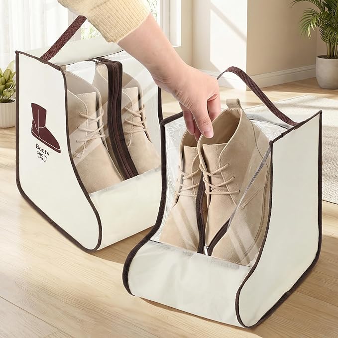 Portable Boots Storage Bag, Beige Dust Proof Boots Protector Carry Bag with Handle Shoe Dust Organizer Packing for Travel and Daily Use(Medium)