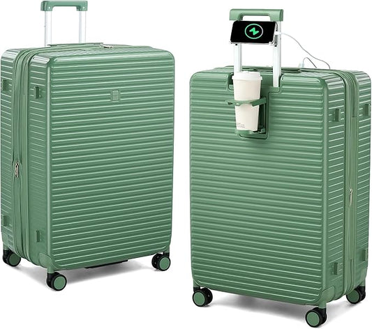 HanTrip 28 Inch Luggage Hard Shell Suitcases, Expandable Travel Checked Luggage 28 Inch, Large Check In Luggage with Spinner Wheels Cup Holder Charger Built in Lightweight Suitcase, Forest Green