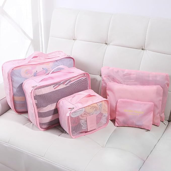 6 Set Packing Cubes for Travel Luggage Packing Bags Reusable Waterproof Suitcase Organizer Bags Set with Shoe Bag and Toiletry Bag (Pink)