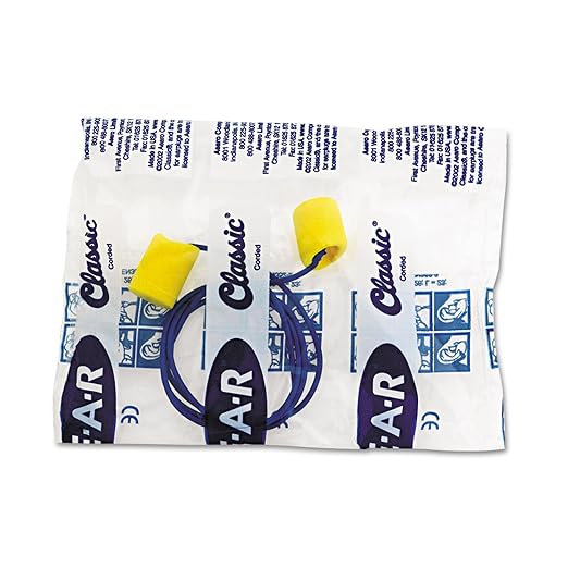 3M Ear Plugs, E-A-R Classic 311-1101, 200 Pairs of Disposable Earplugs, 1 Pair/Poly Bag, Corded, Noise Reduction Rating 29 dB NRR, Foam, Regular Size, Roll Down, Compliant with ANSI/ASA S12.71-2018