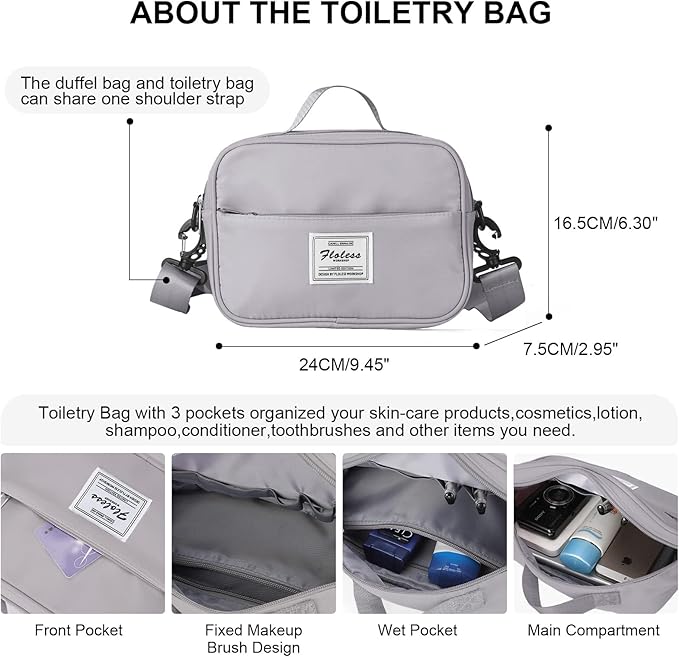 Weekender Gym Duffel Bags for Women Grey with Toiletry Bag