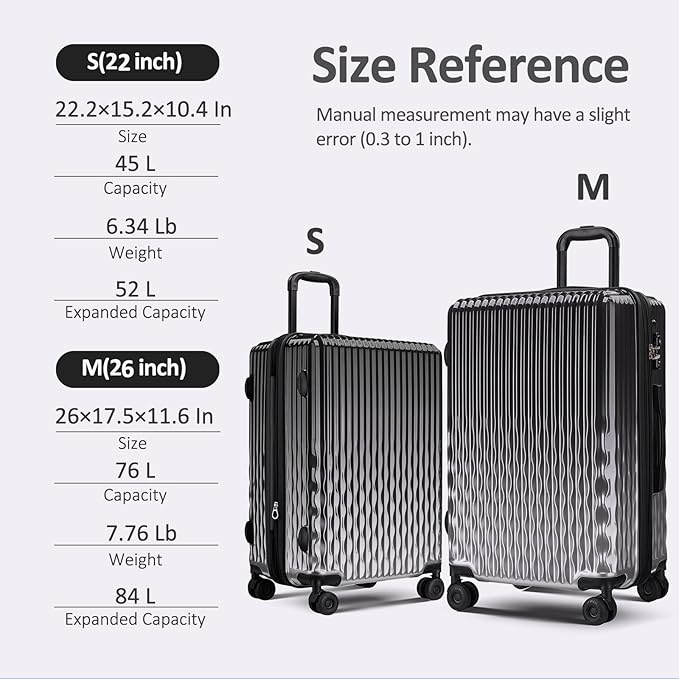Cheched 22 inch Luggage with Spinner Wheels, Lightweight PC+ABS Hard Shell Suitcases, Expandbale Storage & TSA Aprovel Lock (22.2×15.2×10.4inch)