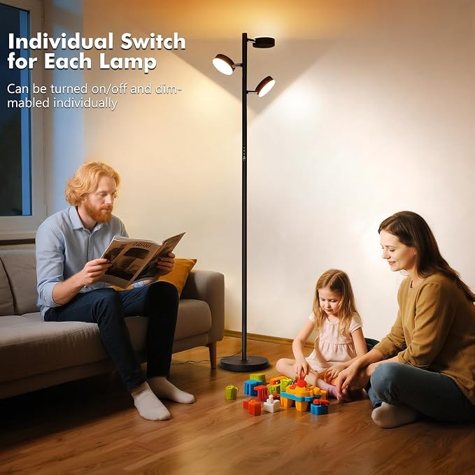 Tree Floor Lamp for Living Room - Modern Black Standing Lamp | LED Floor Light with Remote & Touch, 3000K-6000K Dimmable for Bedroom Office Reading (3 Head)