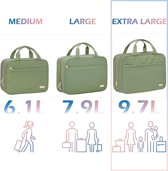 NISHEL Travel Toiletry Bag for women, Portable Hanging Organizer for Family-Sized Shampoo, Conditioner, Brushes Set, Makeup Accessories, Extra Large Size, Green