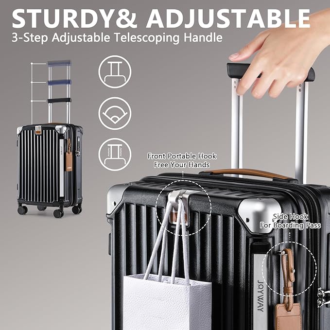 Joyway 20in Carry On Luggage with Cup Holder and USB Port, 25% Expandable Capacity, Smart Suitcase with Anti Slip Wheels and Backpack, Perfect for Men and Women 3 Piece Set Black