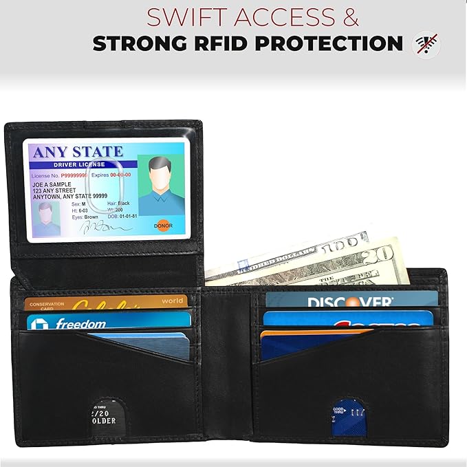 BULL GUARD RFID Blocking Wallet For Men Bifold Soft Black Genuine Nappa Leather Secure and Durable Extra Capacity Billfold with 11 Credit Cards