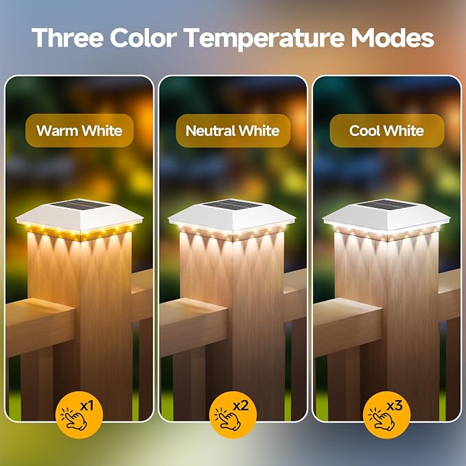 16 Pack 4x4 Solar Post Light, 3 Mode Wooden Vinyl Fence Cap, White | 3 color temperatures, Waterproof LED Solar Post Lights, Patio Porch Decor, Only Fit Two True Size Post: 3.5''x3.5'', 4''x4''