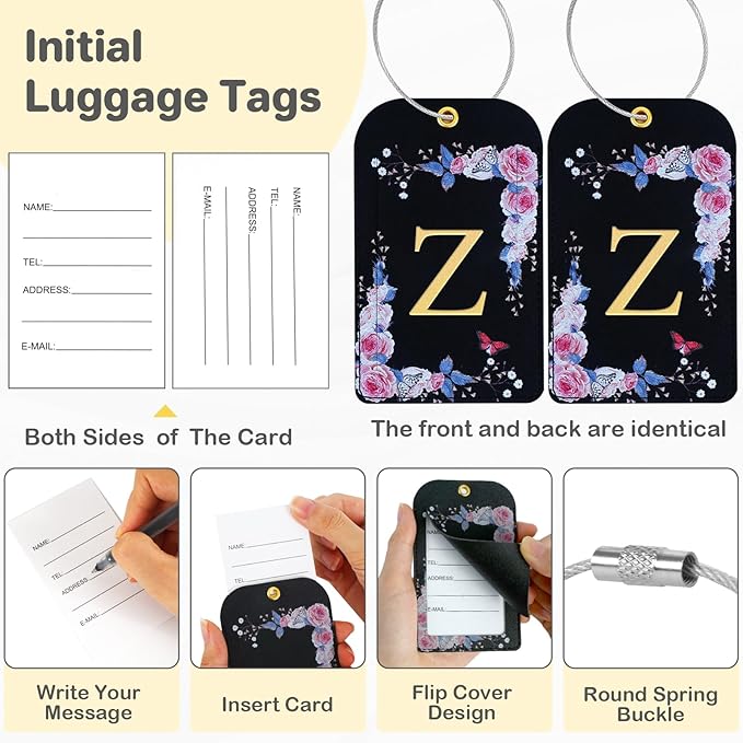 3 Pack Luxury Floral Luggage Tags, Durable PU Leather Suitcase Tags with Stainless Steel Cable Strap, Hidden ID Slot for Privacy Protection, Easy to Identify Waterproof Travel Accessories Gift (Z)