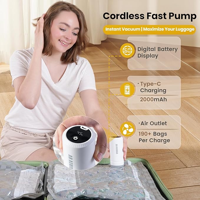 Vacuum Bags for Travel with Rechargeable Digital Display air Pump,18 PCS Combo Travel Size Vacuum Seal Bags for Luggage and Suitcase,Space Saver for Clothes,Home Storage